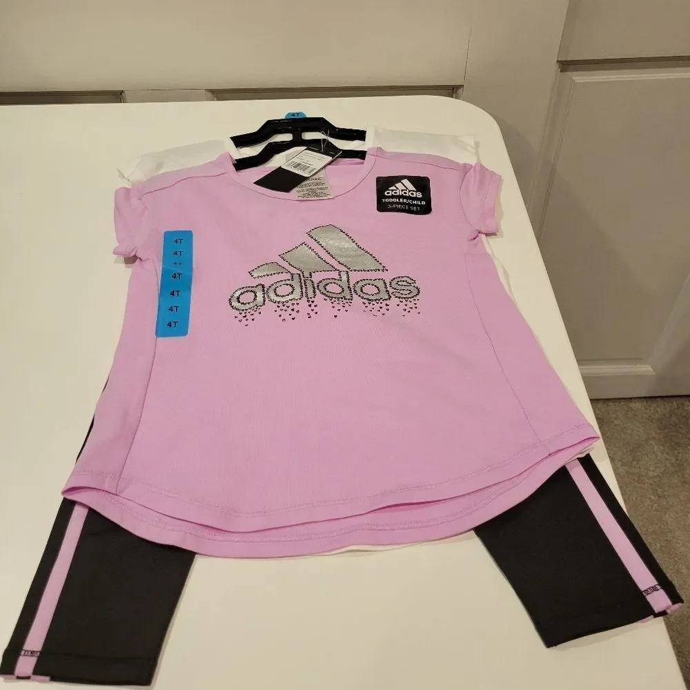 Girl's Adidas 3 Piece Set Tee Shirts and Pants Pink White Black Size 4T